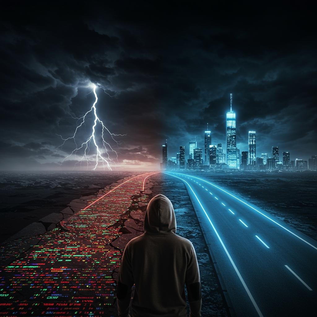 A developer at a crossroads, choosing between a crumbling bridge of glitching code, representing integrity debt, and a solid highway of light leading to a secure city, representing responsible AI development.