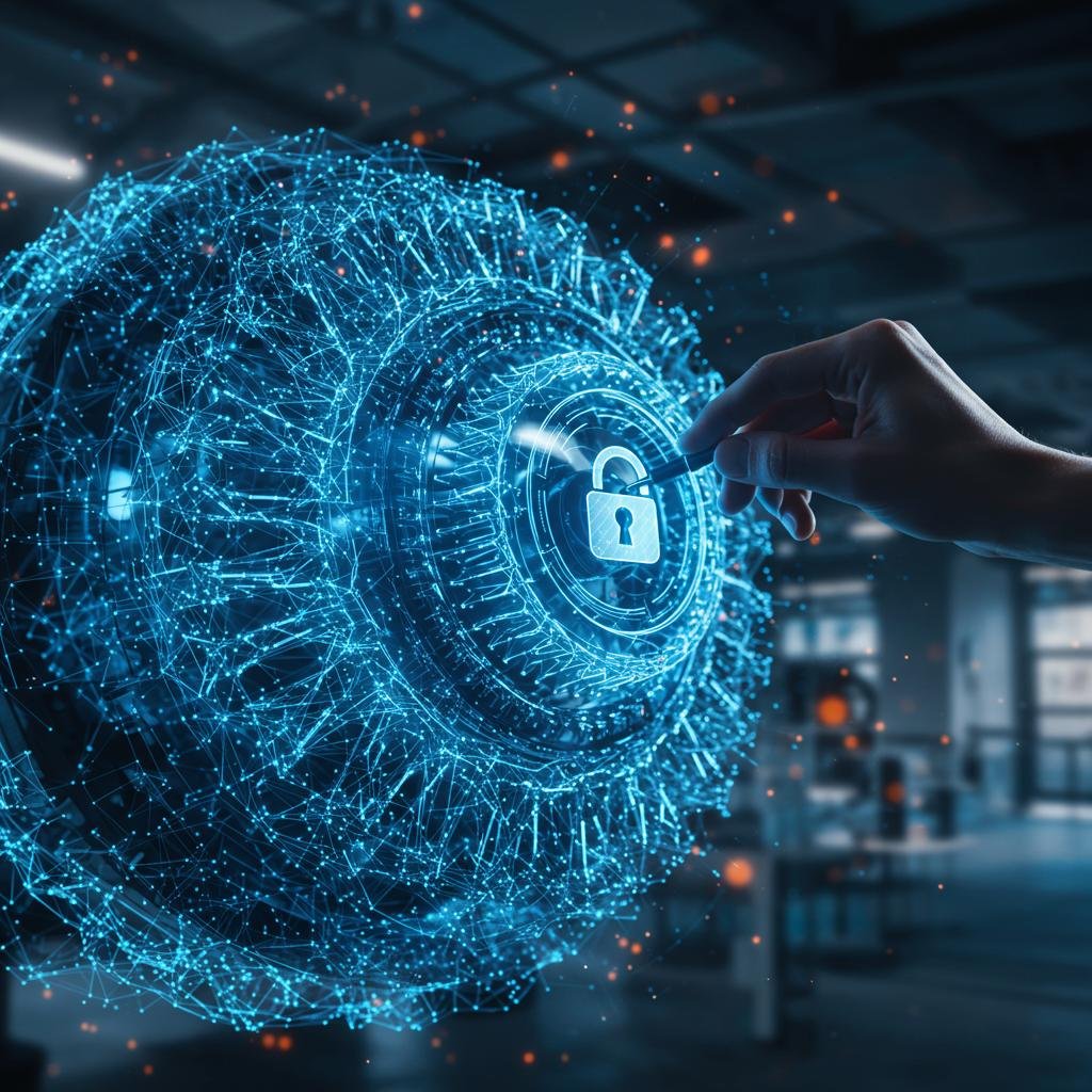 A close-up of a glowing blue engine made of code, with a steady hand fine-tuning it, symbolizing how responsible AI integration is the engine for building robust, secure, and future-proof business solutions.