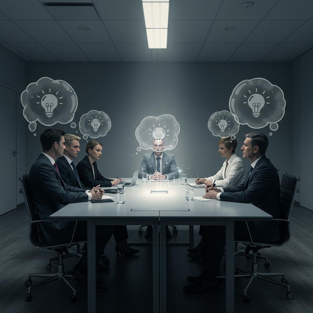 A business team in a meeting where everyone has an identical, generic idea in a thought bubble above their head, illustrating the homogenization of creativity due to over-reliance on AI.