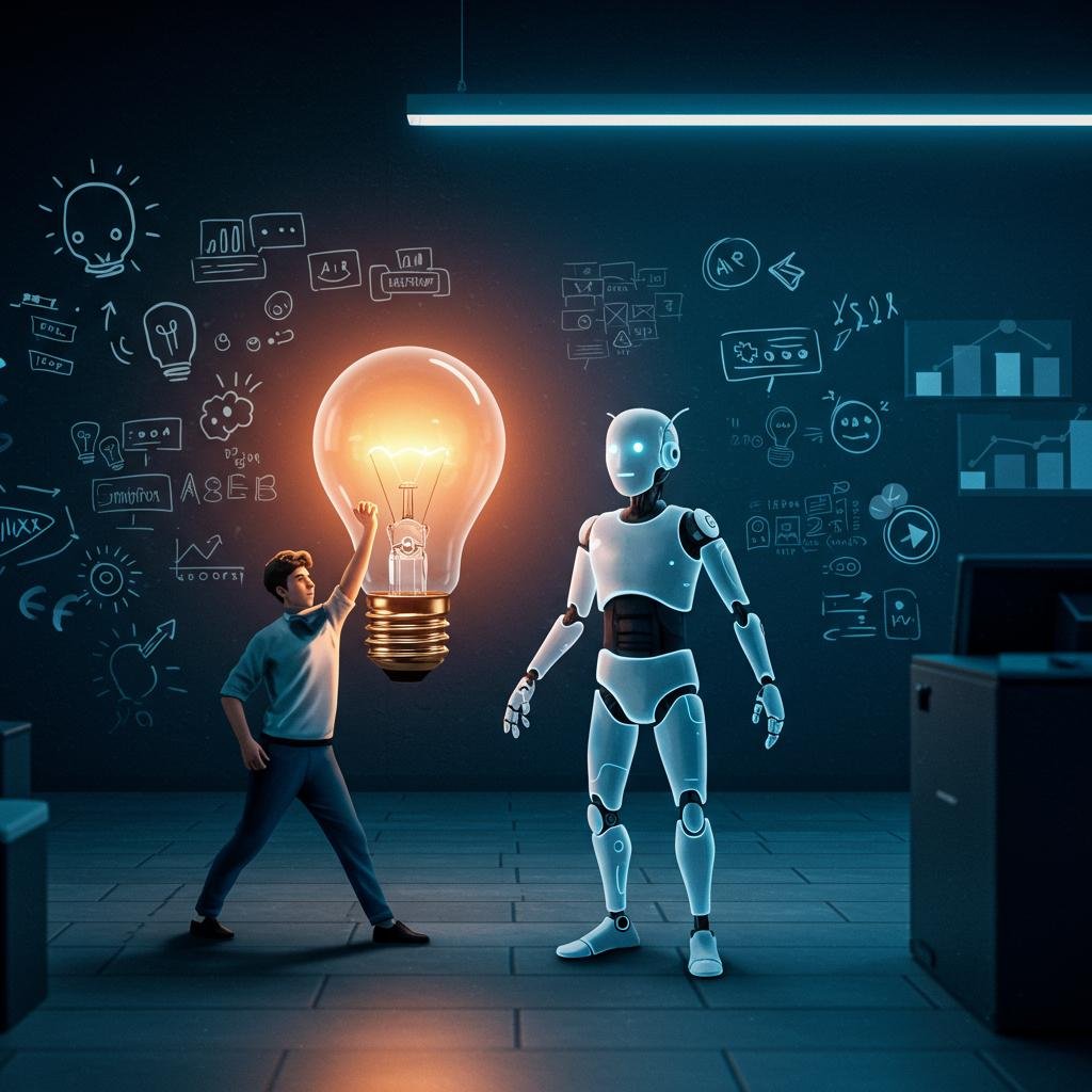 An illustration of a person and an AI figure in a 'mental gym,' working out together by lifting a lightbulb-shaped weight, symbolizing the use of AI as a tool to strengthen human creativity and intellect.