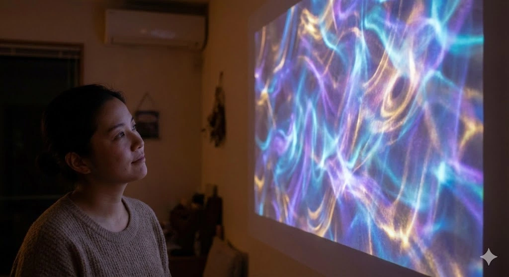 Person looking at a screen projected fabrication of a feeling.