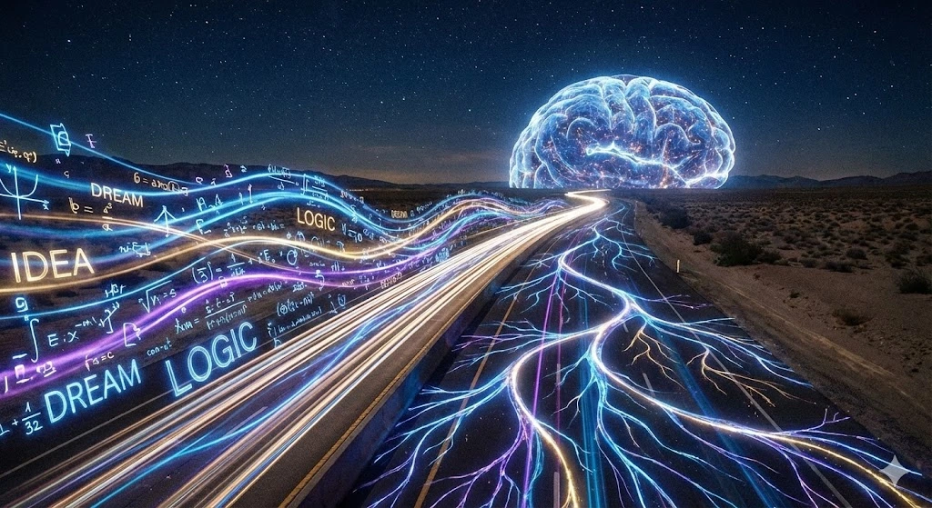 Highway imitating thoughts on a highway distributed from a brain in the distance.