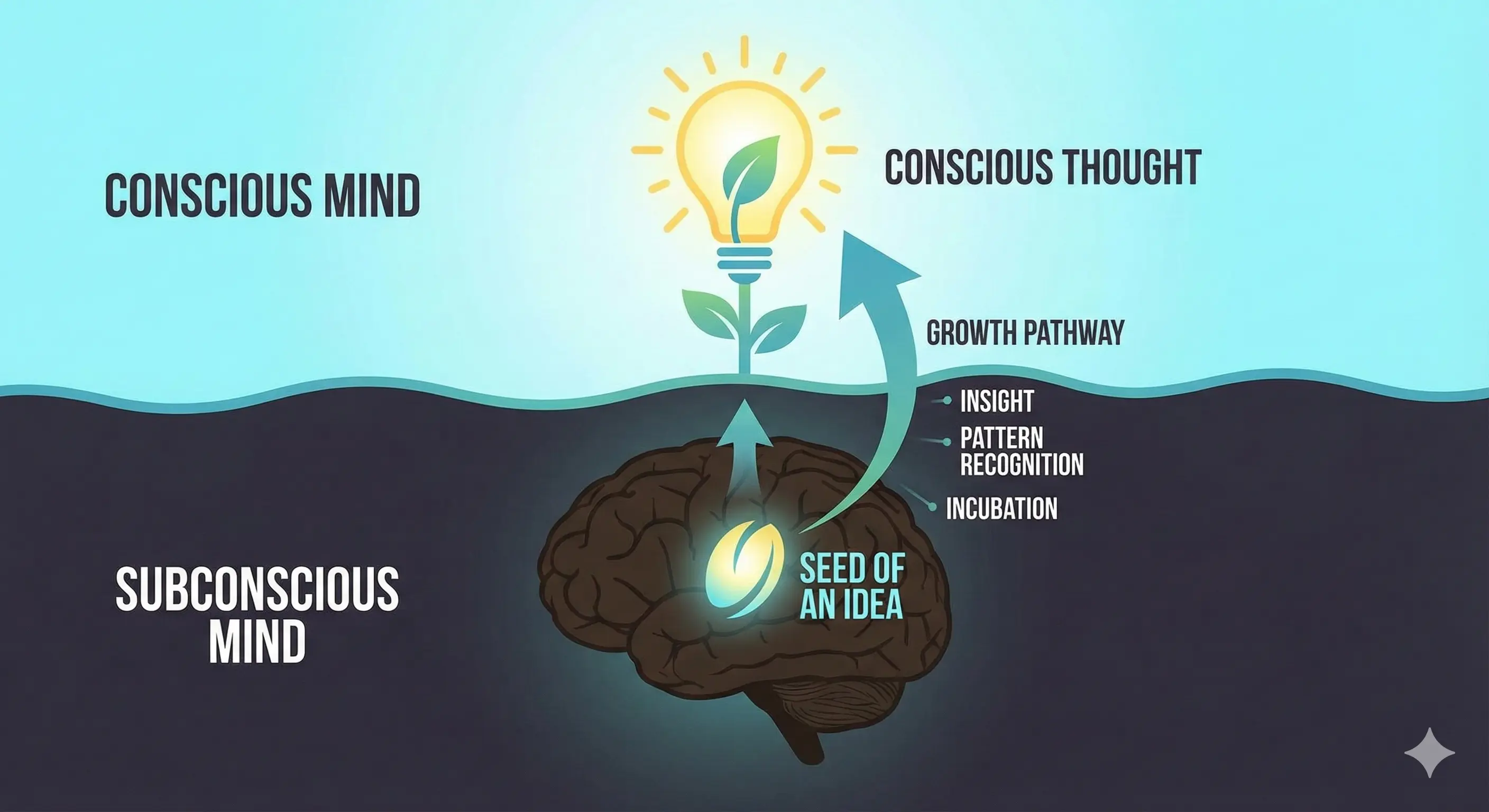 Diagram showing a subconscious seed growing into a conscious thought